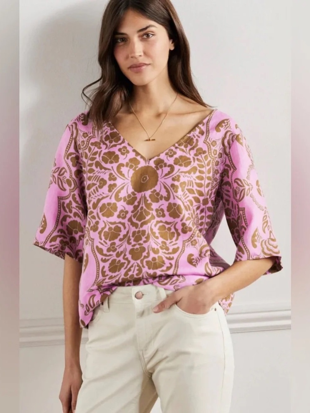 Boden Pink and Brown Floral V-Neck Top